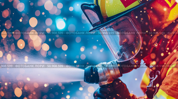 Emergency response: Firefighter sprays water with hose in action. Стоковое AI-изображение, AI-художник Данила Большаков / Фотобанк Лори