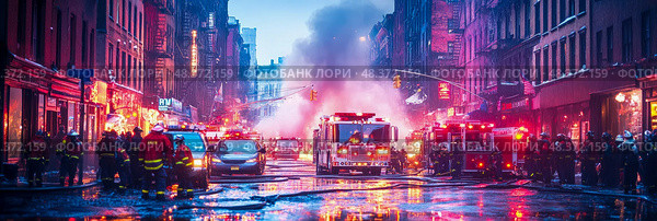 Emergency Response: Firefighters at Work in a City Street at Night. Стоковое AI-изображение, AI-художник Данила Большаков / Фотобанк Лори