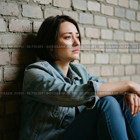 Эмоциональное отчаяние: одинокая женщина в подавленном состоянии с напряжённым лицом сидит на полу, прислонившись к стене. Отчаяние и тревога вот-вот вырвутся наружу. Редакционное AI-изображение, AI-художник Ирина Першина / Фотобанк Лори