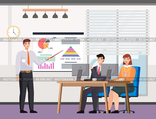 Employees analyze data and study metrics. Income growth graph on background. The guy and the girl communicate and work in the office together. Man points to a chart with statistics and explain it. People are working and analyzing data. Man points to the rising graph on the poster and explain it. Стоковая иллюстрация, агентство Ingram Publishing / Фотобанк Лори