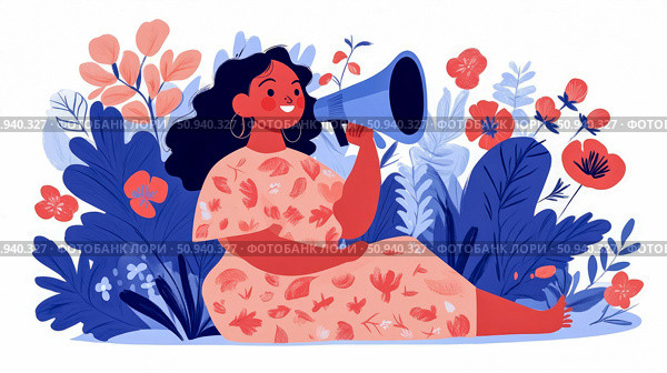 Empowerment through Communication: Illustration of a Woman Speaking with a Megaphone Surrounded by Floral Elements, Design for Print, Card, Poster. Стоковое AI-изображение, AI-художник Данила Большаков / Фотобанк Лори