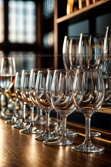 Empty glasses stands in row on rack bar for restaurant backgrounds, full frame. Close-up of wine or champagne clean glasses in row prepared by bartender for event ceremony. Copy ad text space design. Стоковое AI-изображение, AI-художник Aleksandr Golubev / Фотобанк Лори