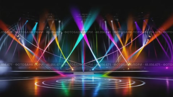 Empty stage illuminated by moving colorful laser beams. Стоковое AI-видео, аниматор Юрий Поздников / Фотобанк Лори