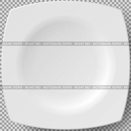 Empty white porcelain plate. Square plate for serving dishes. Cookware, china, crockery element isolated on transparent background. Dish for restaurant, empty utensil 3d dishware vector illustration. Empty white porcelain plate. Square dishware for serving dishes. Cookware china crockery 3d element. Стоковая иллюстрация, агентство Ingram Publishing / Фотобанк Лори