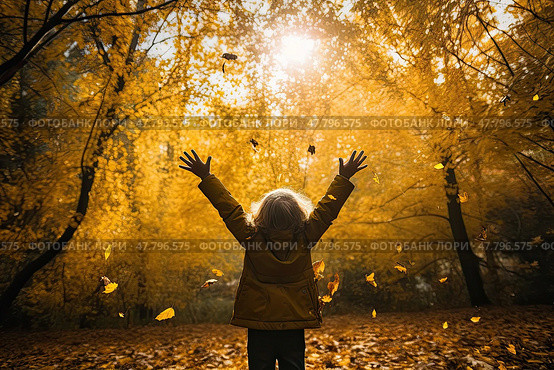Enchanted Encounter: A Little Girl Embracing the Forest With Uplifted Hands. Стоковое AI-изображение, AI-художник Данила Большаков / Фотобанк Лори