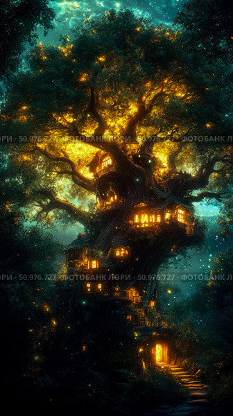 Enchanted Treetop Village: A Nighttime Fantasy Scene. Стоковое AI-изображение, AI-художник Данила Большаков / Фотобанк Лори