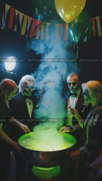 Enchanting gathering of people around a bubbling cauldron with eerie face paint, festive decorations, and spooky atmosphere. Стоковое AI-видео, аниматор Данила Большаков / Фотобанк Лори