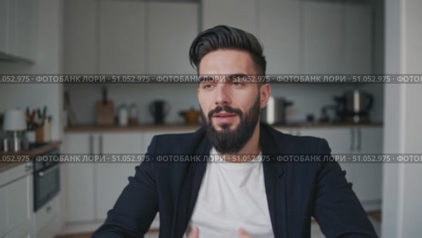Engaging Conversation: A Charismatic Young Man in a Modern Kitchen Shows Enthusiasm and Warmth Through Expressive Gestures and a Friendly Smile. Стоковое AI-видео, аниматор Владимир Федоров / Фотобанк Лори