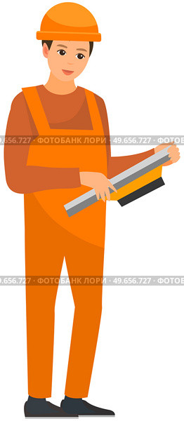 Engineer, production worker in working suit. Technician, electrician, builder in uniform. Factory employee works with equipment. Male technologist stands with device in hands vector illustration. Male technologist stands with device in hands. Factory employee, technician works with equipment. Стоковая иллюстрация, агентство Ingram Publishing / Фотобанк Лори