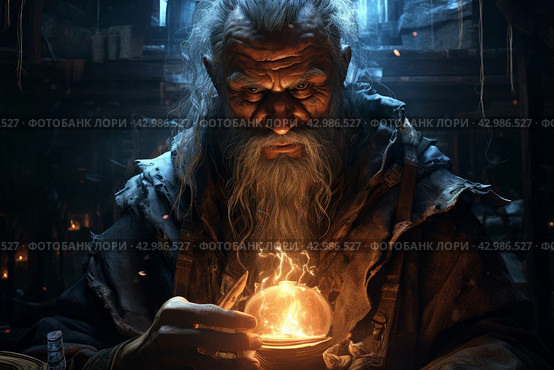 Enigmatic Mage old man fantasy dungeon. Generate Ai. Стоковое AI-изображение, AI-художник Иван Рябоконь / Фотобанк Лори