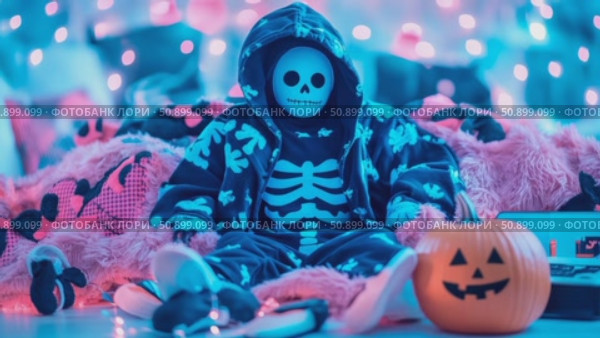 Enigmatic skeleton figure in a hooded outfit seated amidst plush pink bedding under a vibrant neon glow, embodying a playful festive spirit. Стоковое AI-видео, аниматор Данила Большаков / Фотобанк Лори