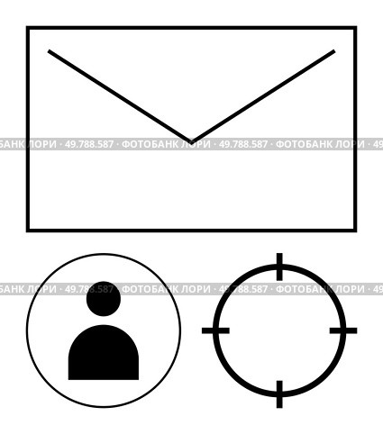 Envelope icon, user profile symbol, and targeting crosshair. Ideal for email marketing, communication, user engagement, audience targeting, inbox management, digital correspondence online. Email Communication Components with User Profile and Targeting Focus Elements. Стоковая иллюстрация, агентство Ingram Publishing / Фотобанк Лори