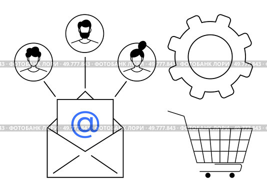 Envelope with email symbol connected to user icons, a gear, and a shopping cart. Ideal for email marketing, digital communication, e-commerce, user connectivity, and technical optimization themes. Email Marketing and E-commerce Concept with User Interaction and Technical Settings. Стоковая иллюстрация, агентство Ingram Publishing / Фотобанк Лори