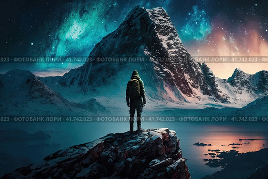 Epic winter arctic landscape. A man stands on a rock and looks into the distance at the mountains. Polar night, stars and aurora in the sky. Traveler on a hike in northern nature. Generative AI. Стоковое AI-изображение, AI-художник Андрей Степанов / Фотобанк Лори