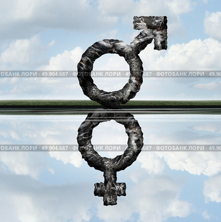 Equal rights concept as a symbol of a male creating a reflection of a female icon as an equality of men and women in society and employment issues as a metaphore with 3D illustration elements. Стоковое фото, агентство Ingram Publishing / Фотобанк Лори