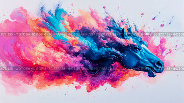 Equine Spirit: A chromatic cascade of energy emanates from a horse head, blending power and grace in an explosion of blue, pink, and orange tones. Стоковое AI-изображение, AI-художник Данила Большаков / Фотобанк Лори
