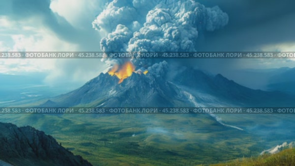 Eruption of volcano on Kamchatka. Natural disasters concept. Copy space. Стоковое AI-видео, аниматор Ирина Михайличенко / Фотобанк Лори
