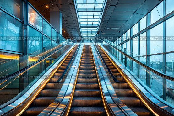 Escalators going up in modern building interior. Стоковое AI-изображение, AI-художник Иван Рябоконь / Фотобанк Лори