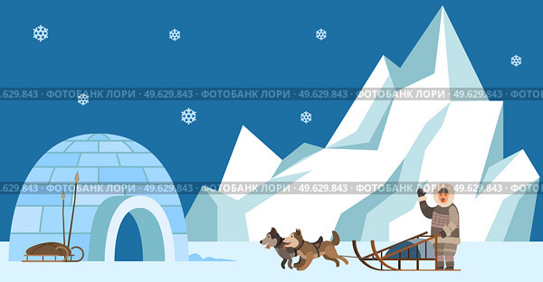 Eskimo harnesses dog for sleigh rides and waves his hand. Igloo indigenous person prepares to travel. Representative of eastern peoples lives in cold region. Man in Eskimo costume goes to igloo. Eskimo harnesses dog for sleigh rides and waves his hand. Igloo indigenous person prepares to travel. Стоковая иллюстрация, агентство Ingram Publishing / Фотобанк Лори