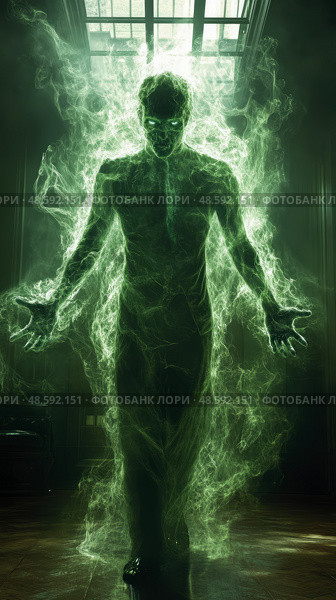 Ethereal Apparition: Spectral Entity Wreathed in Emerald Energy, a Vision of the Afterlife in a Haunted Chamber. Стоковое AI-изображение, AI-художник Данила Большаков / Фотобанк Лори