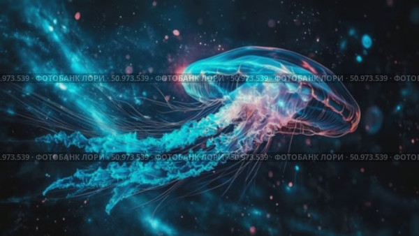 Ethereal luminous marine animal with trailing filaments, gracefully navigating a deep blue abstract cosmos of shimmering light. Стоковое AI-видео, аниматор Данила Большаков / Фотобанк Лори