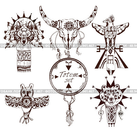 Ethnic american tribes animal totems hand drawn decorative elements set isolated vector illustration. Стоковая иллюстрация, агентство Ingram Publishing / Фотобанк Лори