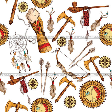 Ethnic native american indian tribes hand drawn seamless colored background vector illustration. Стоковая иллюстрация, агентство Ingram Publishing / Фотобанк Лори