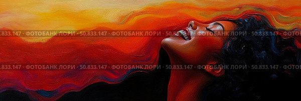 Euphoria in Crimson and Gold: A Woman's Joyful Ascent into Passion, for Print, Card, Poster. Стоковое AI-изображение, AI-художник Данила Большаков / Фотобанк Лори