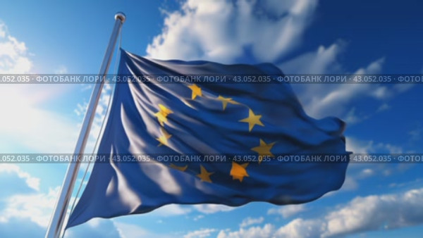 European Union flag on blue sky background. Стоковое AI-видео, аниматор Ирина Михайличенко / Фотобанк Лори