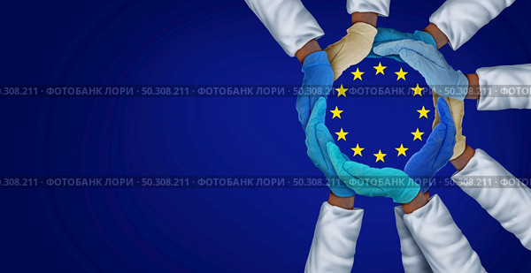 European United health workers and essential EU hospital care workers and frontline medical group or Europe medicine teamwork as a group of doctors and nurses together unified in a 3D illustration style. Стоковое фото, агентство Ingram Publishing / Фотобанк Лори
