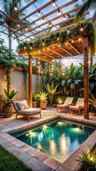 Evening Relaxation in a Tropical Backyard Oasis With Plunge Pool. Generative AI. Стоковое AI-изображение, AI-художник Roman Zavorotny / Фотобанк Лори
