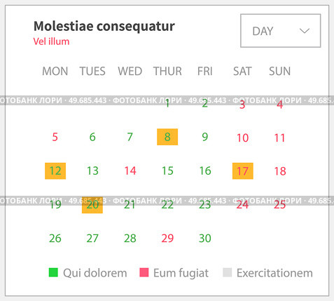 Event timetable with creative design vector illustration. Monthly calendar template with marked dates. Print edition of planner in form of table with weeks. Monthly scheduling and time management. Monthly calendar template with marked dates. Print edition of event planner in form of table. Стоковая иллюстрация, агентство Ingram Publishing / Фотобанк Лори