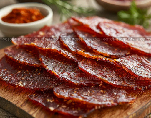 Every year on November 27th, Dried Meat Day is celebrated. The holiday is dedicated to homemade dried meat and simple recipes, the best from generation to generation. Стоковое AI-изображение, AI-художник Сергей Елизарьев / Фотобанк Лори