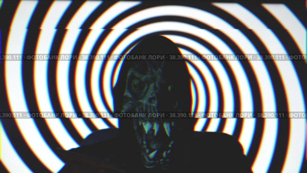 Evil man with demon mask turning on chair with black rotating spiral background. Стоковое видео, видеограф Mihail Mihaylov / Фотобанк Лори