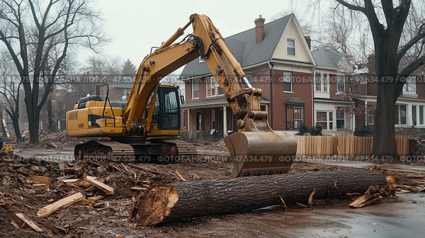 Excavator clearing fallen trees on a city street after a storm. Экскаватор убирает поваленные деревья на городской улице после урагана. Стоковое AI-изображение, AI-художник Katsiaryna Repich / Фотобанк Лори