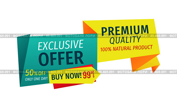 Exclusive offer only one day but now. Hundred percent natural product assurance of selling shop. Premium quality of goods sold isolated on vector. Exclusive Offer Only One Day Vector Illustration. Стоковая иллюстрация, агентство Ingram Publishing / Фотобанк Лори