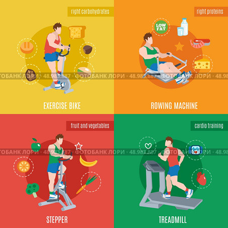 Exercise machines design concept set with bike rowing machine stepper treadmill flat icons isolated vector illustration. Стоковая иллюстрация, агентство Ingram Publishing / Фотобанк Лори