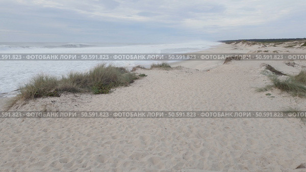 Expansive sandy dunes at Furadouro Beach, Portugal, where strong Atlantic storms accelerate coastal erosion processes. Стоковое фото, агентство Ingram Publishing / Фотобанк Лори