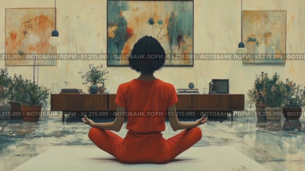 Experience a serene meditation practice in a beautifully designed living space filled with colorful art and greenery. Стоковое AI-видео, аниматор Данила Большаков / Фотобанк Лори