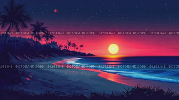 Experience the tranquility of a stunning sunset over a calm beach, with silhouettes of palm trees and gentle waves lapping at the shore. Стоковое AI-видео, аниматор Данила Большаков / Фотобанк Лори