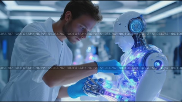 Expert examines advanced humanoid robot in a futuristic lab focused on technology and innovation. Стоковое AI-видео, аниматор Сергей Толмачёв / Фотобанк Лори