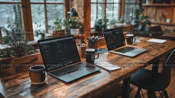 Explore a warm and inviting workspace featuring laptops, coffee mugs, and greenery in a rustic cabin as winter sunlight streams through the windows. Стоковое AI-видео, аниматор Данила Большаков / Фотобанк Лори
