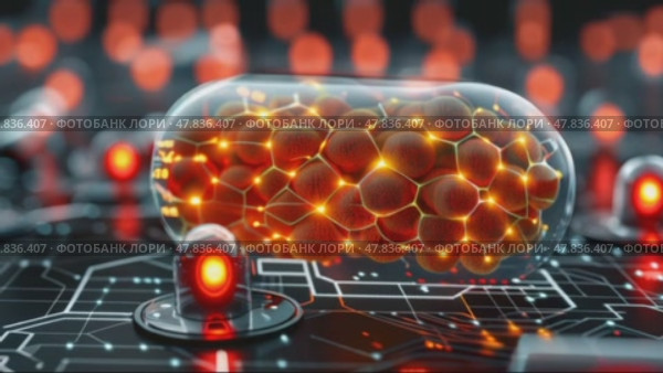 Explore innovative cellular technology in a futuristic laboratory environment with glowing elements. Стоковое AI-видео, аниматор Климов Денис / Фотобанк Лори