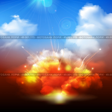Explosion clouds and blue sky banner. Massive yellow orange explosion bursting into blue cloudy sky with radiating sunrays background banner abstract vector illustration. Стоковая иллюстрация, агентство Ingram Publishing / Фотобанк Лори