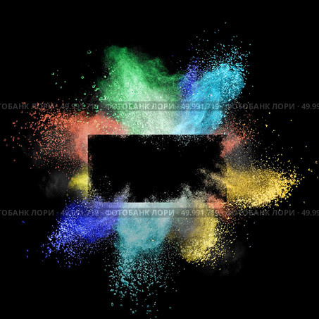 Explosion of a colored powder isolated on a black background around a rectangular frame with a place under the text. Launched colorful powder around a rectangular frame isolated on black background. Стоковое фото, агентство Ingram Publishing / Фотобанк Лори