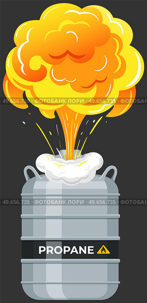 Explosion of gas in cylinder, container with fuel. Balloon with flammable, explosive subtance inside. Metal tank with liquefied compressed petroleum, propane explodes. Canister with pressurized gas. Explosion of gas in cylinder, container with fuel. Balloon with flammable, explosive subtance inside. Стоковая иллюстрация, агентство Ingram Publishing / Фотобанк Лори