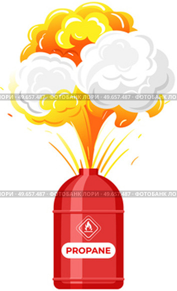 Explosion of gas in cylinder, container with fuel. Balloon with flammable, explosive subtance inside. Metal tank with liquefied compressed petroleum, propane explodes. Canister with pressurized gas. Explosion of gas in cylinder, container with fuel. Balloon with flammable, explosive subtance inside. Стоковая иллюстрация, агентство Ingram Publishing / Фотобанк Лори
