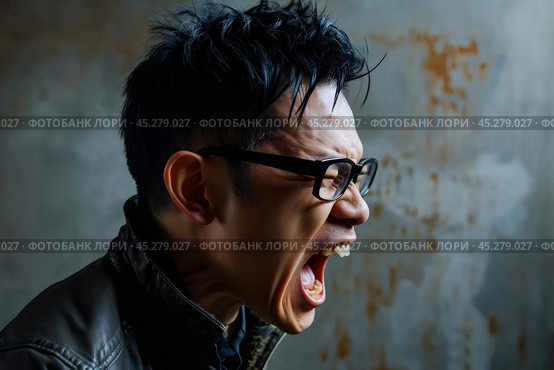 Expression of furious,enraged asian man with grumpy grimace on his face,with mouth opened in shout, ready to argue and swear, wants to gain respect, Angry asian man yelling on grey dirty background. Стоковое AI-изображение, AI-художник Sergey Grishin / Фотобанк Лори