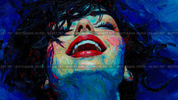 Expressionistic Woman Portrait with Open Mouth & Vibrant Colors, Emotional Depiction of Euphoria, Design for print, poster, card. Стоковое AI-изображение, AI-художник Данила Большаков / Фотобанк Лори