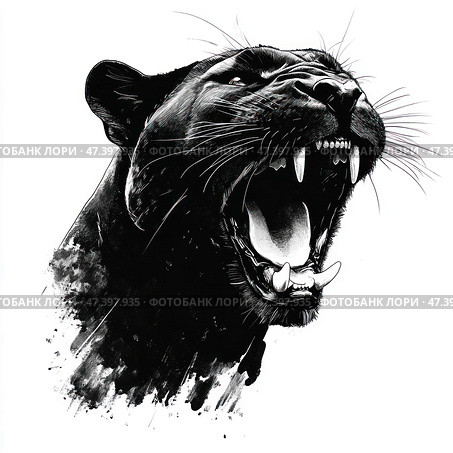 Expressive black and white illustration of a growling panther. The animal's head is turned three-quarters, the mouth is wide open, revealing sharp fangs and tongue. The emotion is aggression, power, threat. The background is pure white, which emphasizes the dynamics and contrast of the black panther. The lower part of the drawing seems to dissolve in strokes and spots of ink, creating the effect of artistic movement. Стоковое AI-изображение, AI-художник Анна Кривицкая / Фотобанк Лори